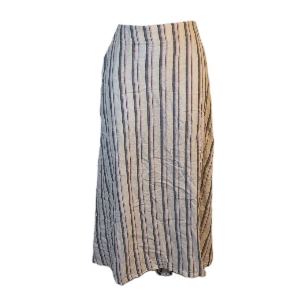 Caslon Women's Midi Skirt Size L Striped Linen Blend Multi Back Elastic Waist